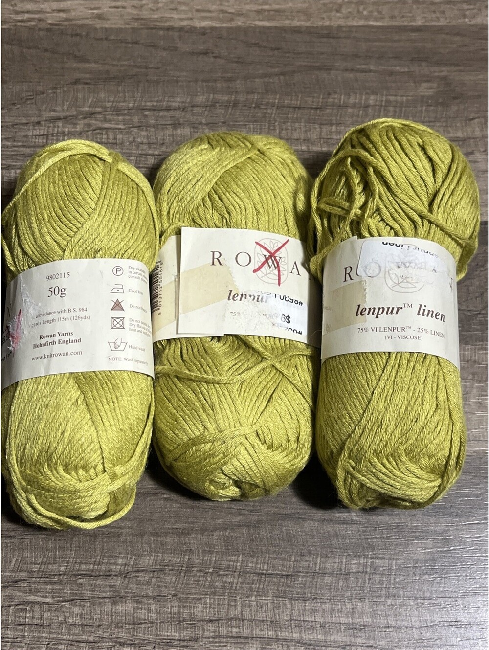 Rowan Lenpur Linen Yarn Lot Of 3 Skeins 50g Each Green/yellow